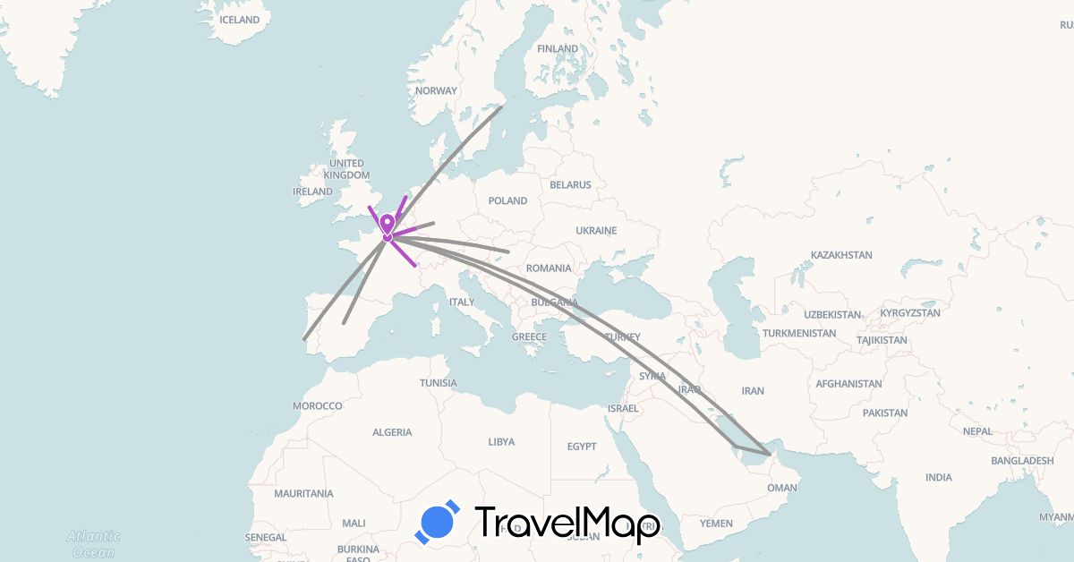 TravelMap itinerary: plane, train in United Arab Emirates, Bahrain, Spain, France, United Kingdom, Hungary, Luxembourg, Portugal, Sweden (Asia, Europe)